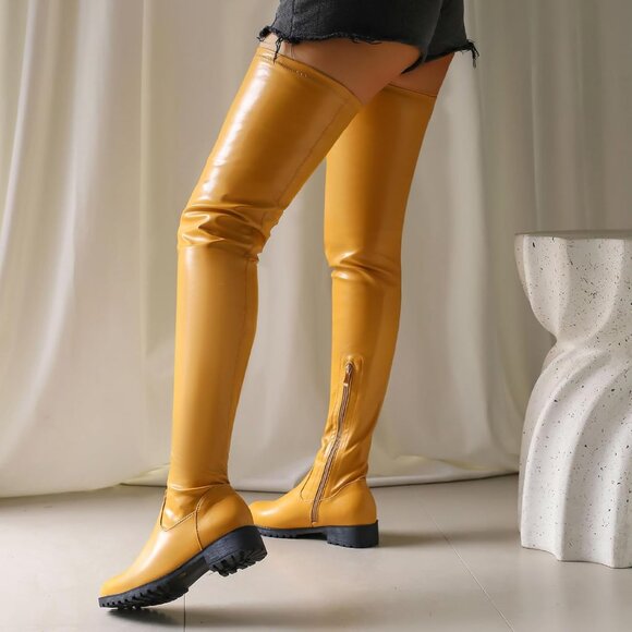 Women's Yellow Polyurethane Thigh High Over The Knee Rounded Toe Fashion Boots - Picture 2 of 7